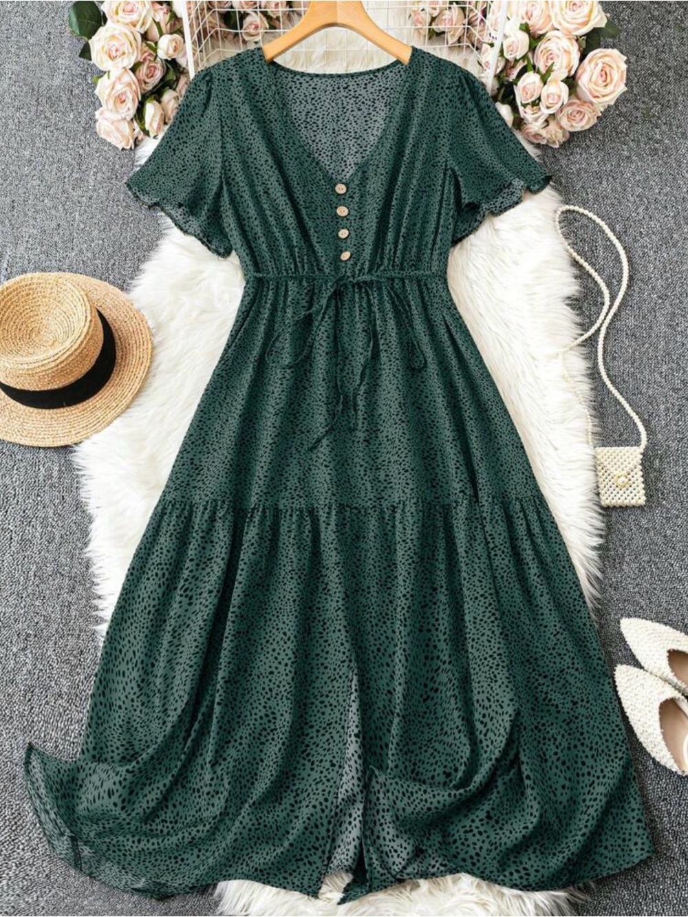 SHEIN Dark Green Button-Front Tie-Waist Maxi Dress